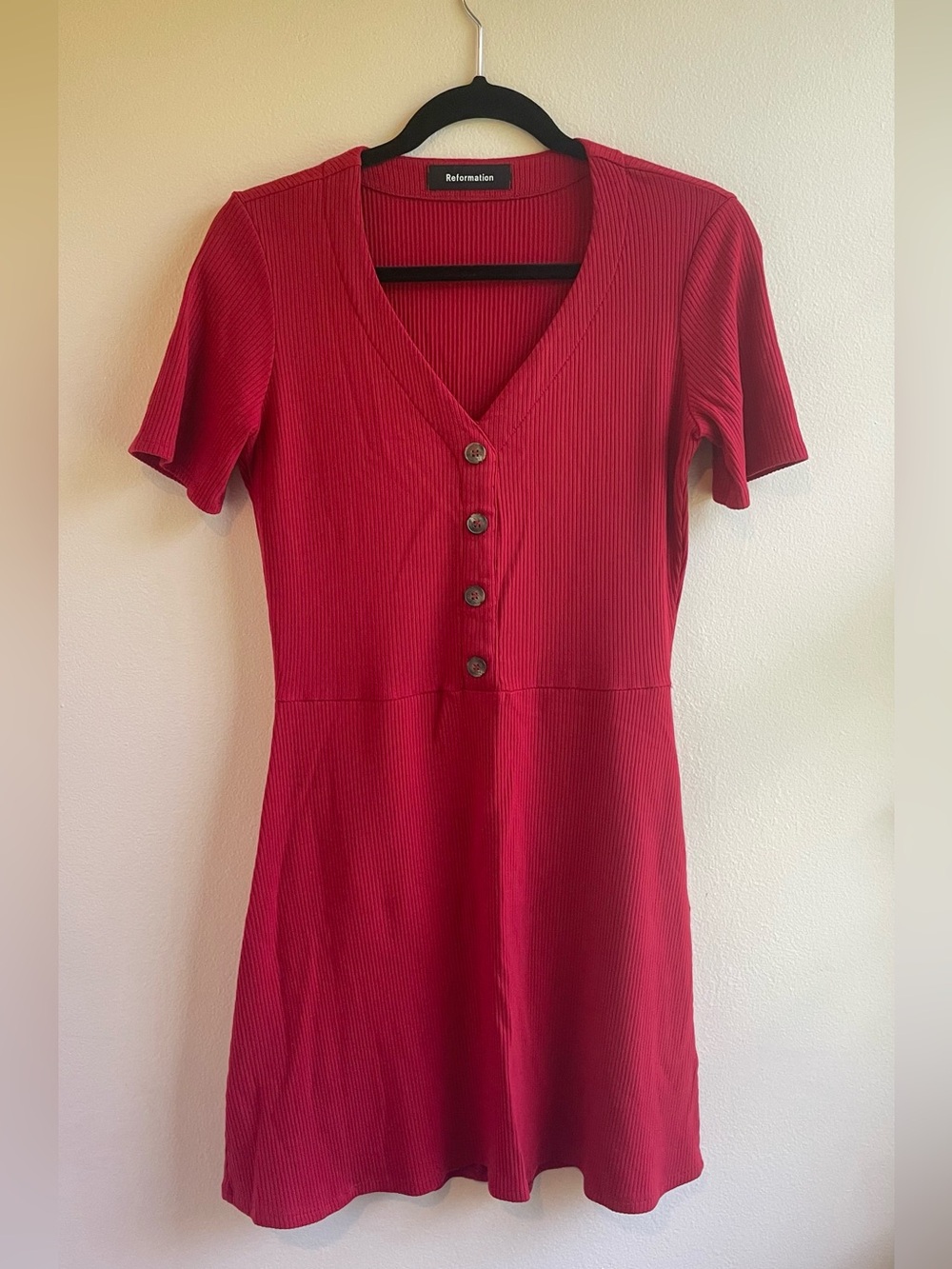 Reformation Jeans Red Ribbed Knit Mini Dress V Neck Button Front Short Sleeve XL
